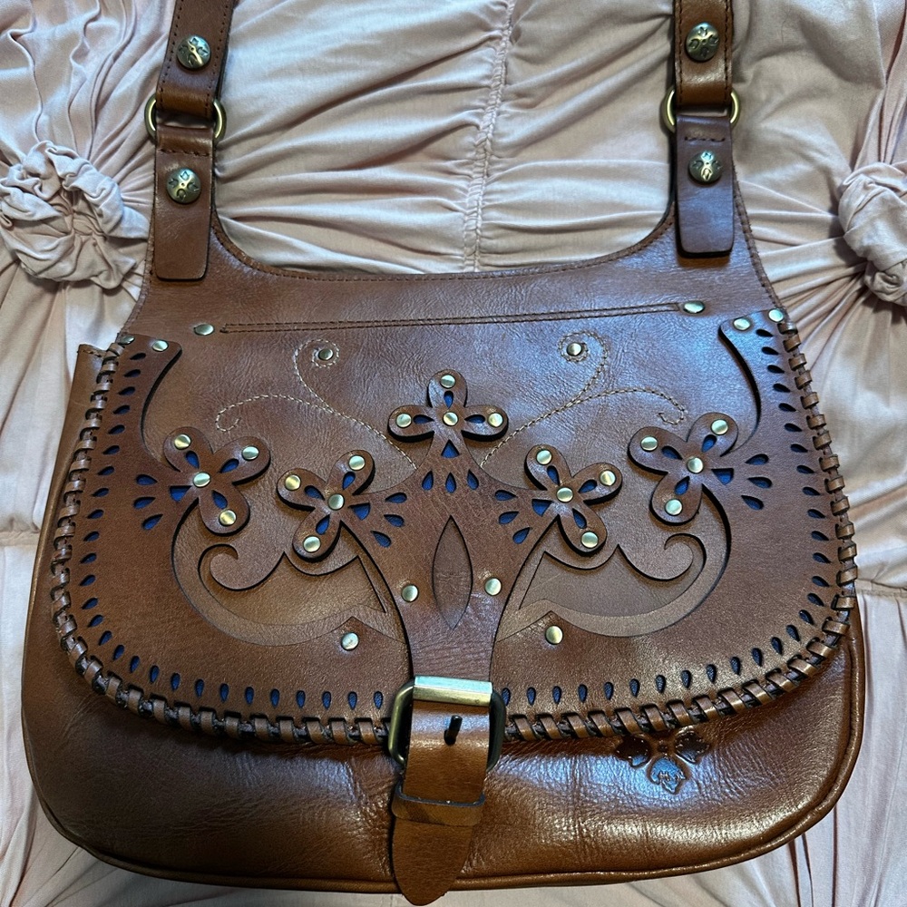 Patricia Nash Brown Leather Floral Saddle Bag 💼